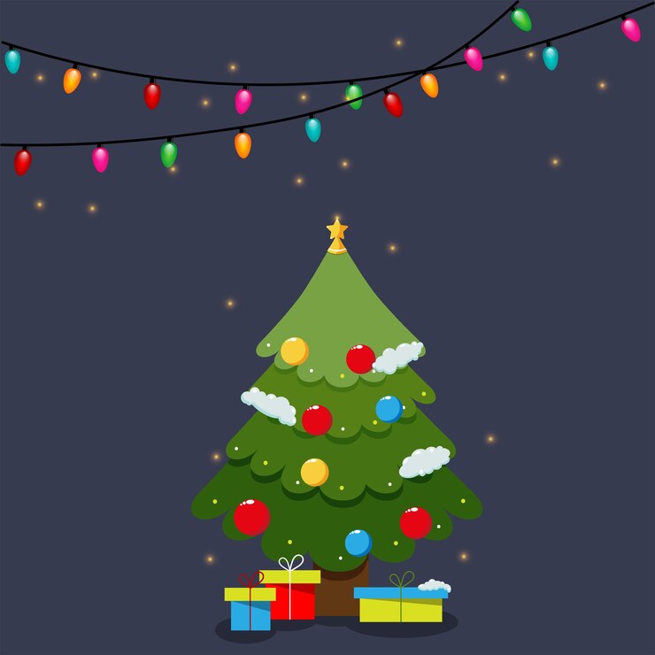 Árbol de Navidad colorido con regalos y decoraciones luces de Navidad