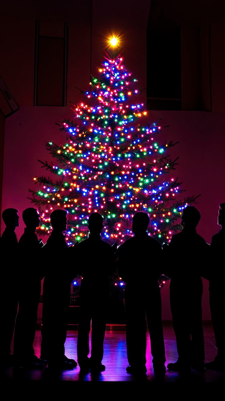 Vector árbol de navidad de la comunidad canto de silueta escena de vecindario grupo de canto de navidad día de navidad nuevo ye