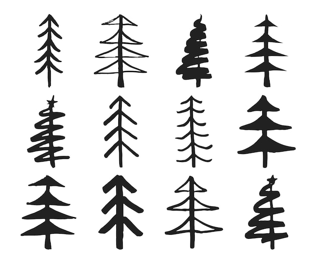 Árbol de Navidad Conjunto dibujado a mano Colección vectorial de pinos Ilustración aislada sobre fondo blanco