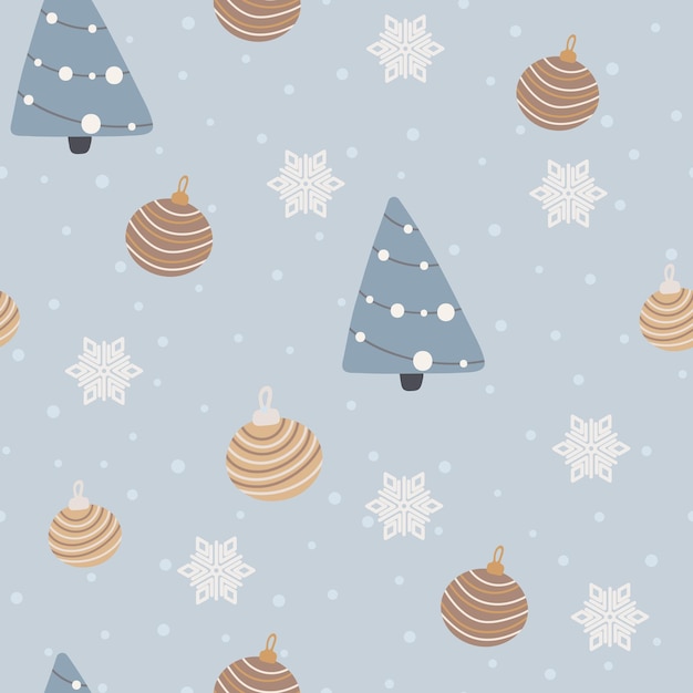 Árbol de navidad y copos de nieve de patrones sin fisuras año nuevo ilustración vectorial en estilo escandinavo