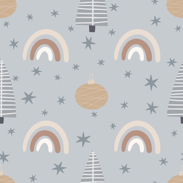 Árbol de Navidad y copos de nieve de patrones sin fisuras Año Nuevo Ilustración vectorial en estilo escandinavo