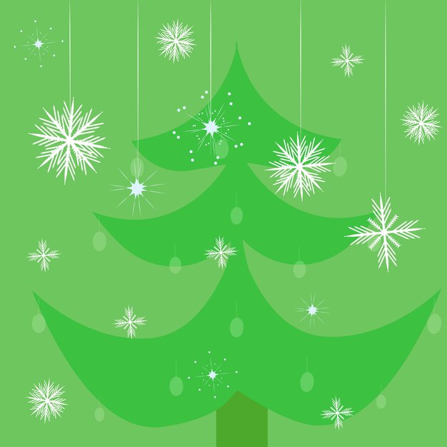 Árbol de Navidad y copos de nieve sobre un fondo verde Ilustración vectorial en estilo plano