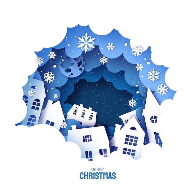 Árbol de Navidad cubierto de nieve de invierno Paisaje de campo urbano con casas Pueblo de la ciudad Luna llena Feliz año nuevo arte de papel estilo artesanal Marco cubierto de nieve Azul