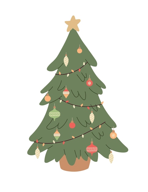 Árbol de Navidad con decoración y luces. Vacaciones de año nuevo. ilustración vectorial plana