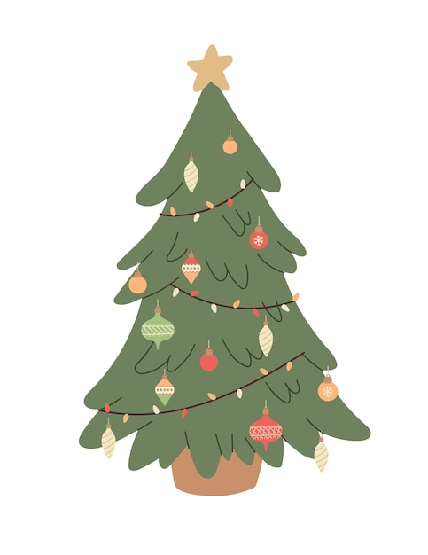 Árbol de navidad con decoración y luces. vacaciones de año nuevo. ilustración vectorial plana