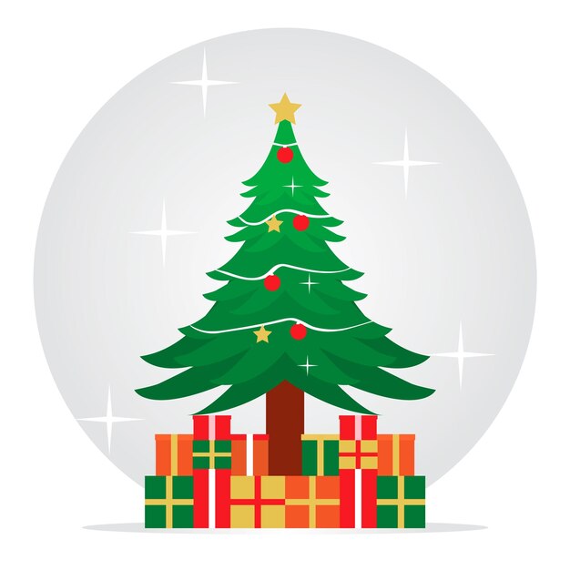 Árbol de Navidad con decoraciones y cajas de regalos diseño vectorial plano ilustración aislada