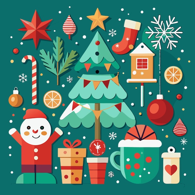 Un árbol de Navidad con decoraciones ornamentos pan de jengibre casa un muñeco de nieve presenta bastones de caramelo y copos de nieve contra un fondo verde