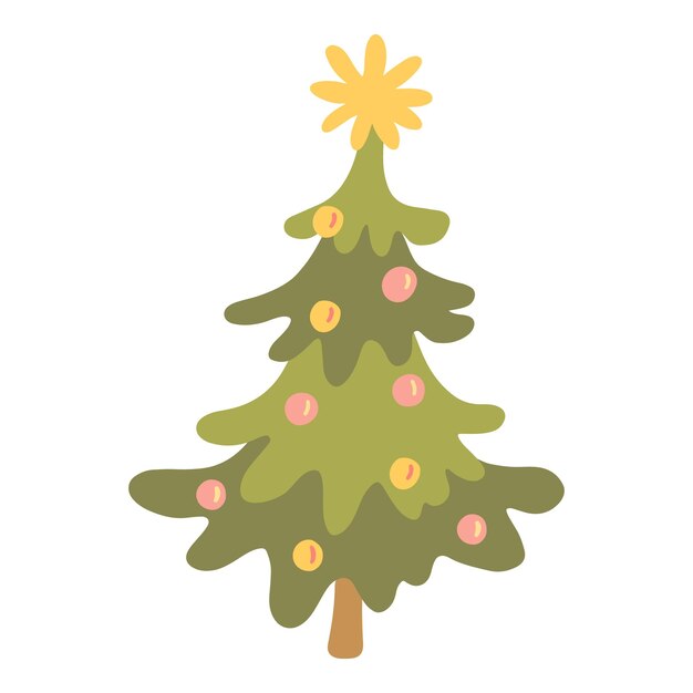 Árbol de Navidad decorado con adornos navideños y una gran estrella amarilla encima