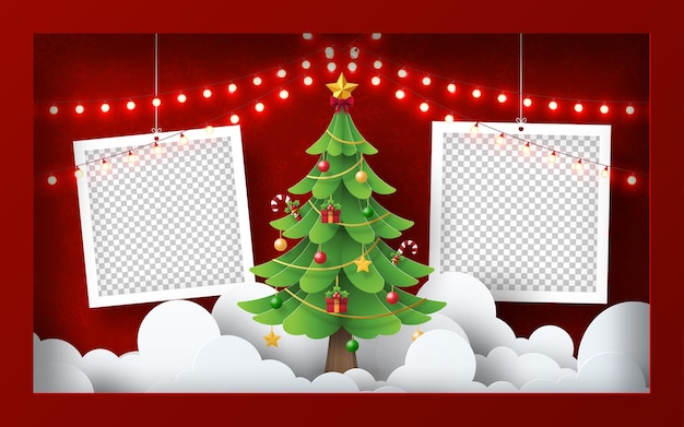 Árbol de Navidad decorado con adornos y regalos en un fondo rojo festivo y marcos de fotos en blanco