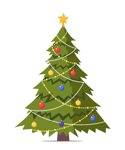 Árbol de navidad decorado con bolas de decoración de estrellas y cadena de bombillas