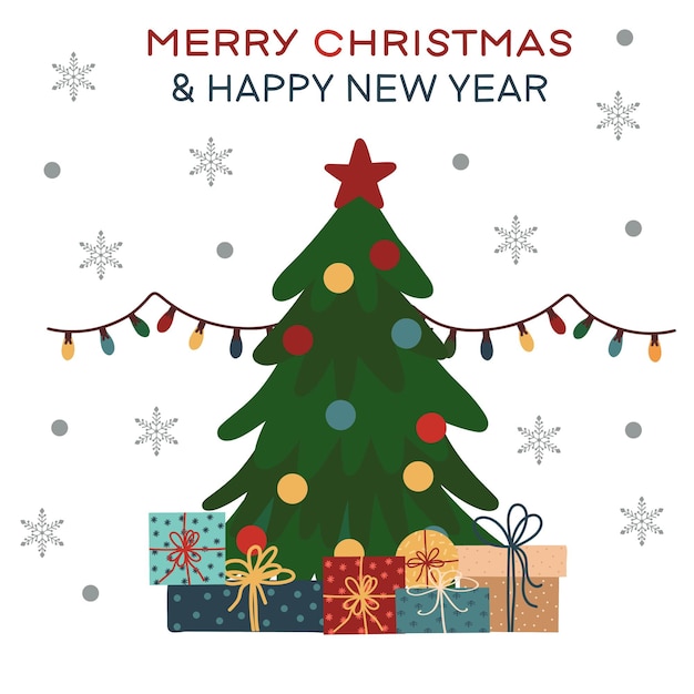 Árbol de Navidad decorado con bolas y regalos Garlandas y la inscripción Feliz Navidad Dibujado a mano Adecuado para tarjetas pancartas