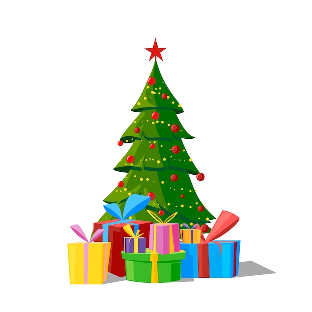 Árbol de navidad decorado con cajas de regalo, estrella, luces, bolas de decoración y lámparas. Feliz Navidad y un Feliz Año Nuevo. Ilustración de vector de estilo plano.