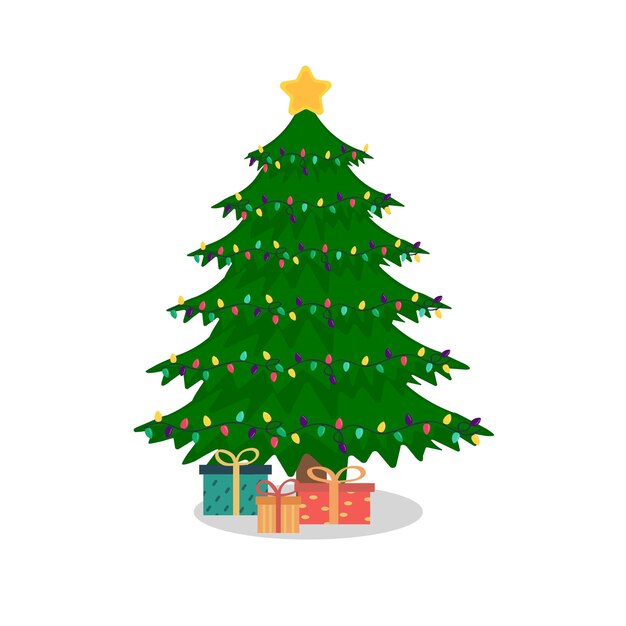 Árbol de navidad decorado con cajas de regalo y luces Feliz Navidad y un feliz año nuevo Ilustración de vector de estilo plano