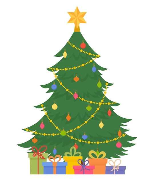 Árbol de Navidad decorado con cajas de regalo. Símbolo tradicional de Navidad y Año Nuevo. Feliz navidad