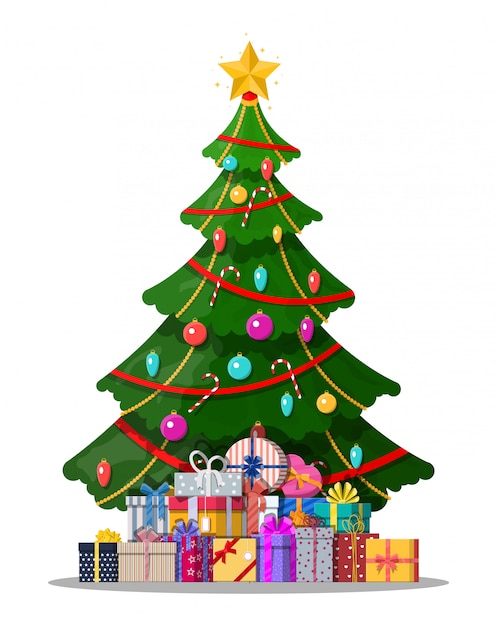 Árbol de navidad decorado y cajas de regalo