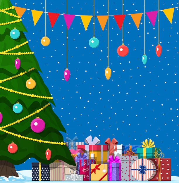 Árbol de navidad decorado y cajas de regalo