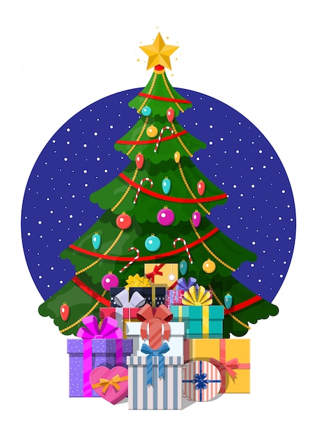 Vector Árbol de navidad decorado y cajas de regalo