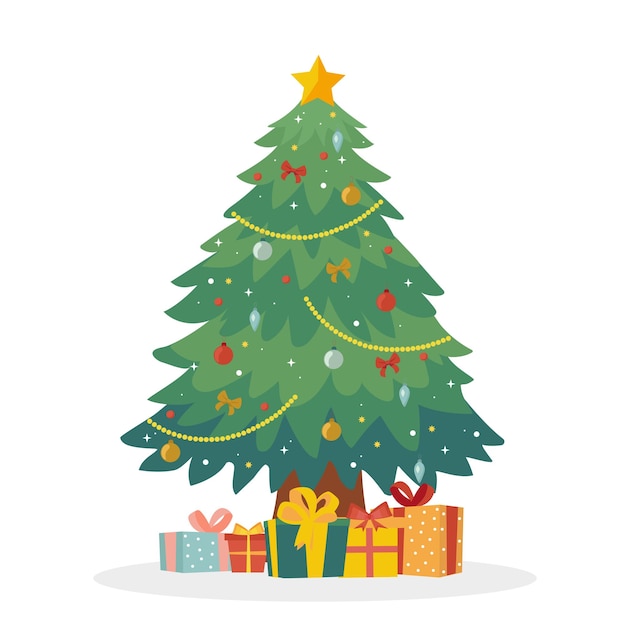 Vector Árbol de navidad decorado con cajas de regalos, luces de estrella, bolas y lámparas de decoración