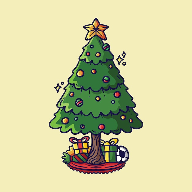 Árbol de Navidad decorado con cajas de regalos luces de estrellas decoración bolas y lámparas vector de dibujos animados il