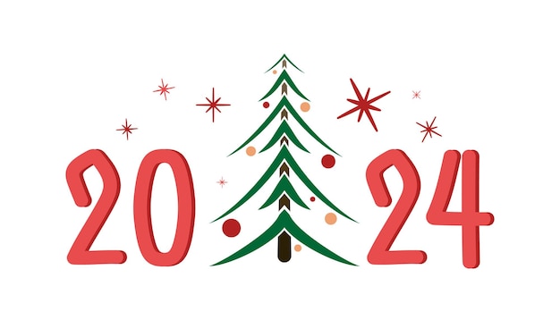 Vector Árbol de navidad decorado con copos de nieve rojos y la inscripción 2024