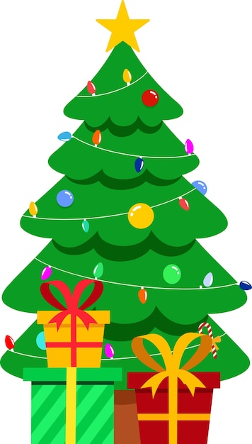 Árbol de Navidad decorado con dibujos animados con cajas de regalos Ilustración vectorial Diseño plano
