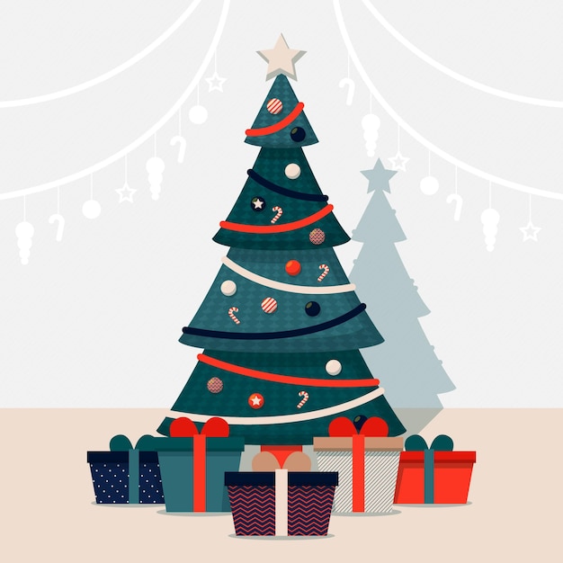 Árbol de navidad decorado con diferentes regalos.