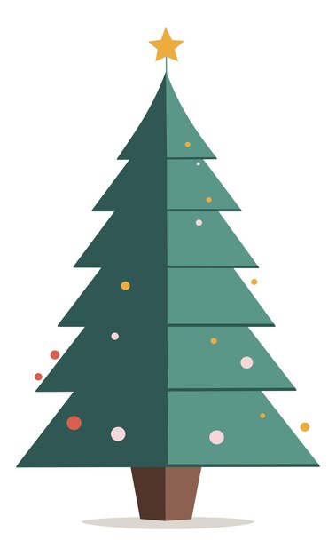 Árbol de Navidad decorado con estrella en la parte superior y con juguetes navideños Ilustración decorativa simple vectorial