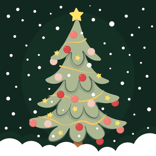 Árbol de Navidad decorado en un fondo oscuro con nieve cayendo