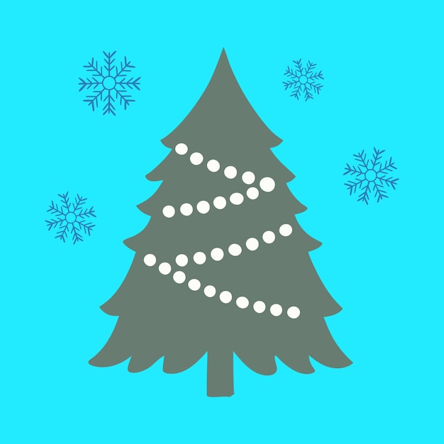 Árbol de Navidad decorado con guirnaldas y copos de nieve fondo azul brillante diseño plano