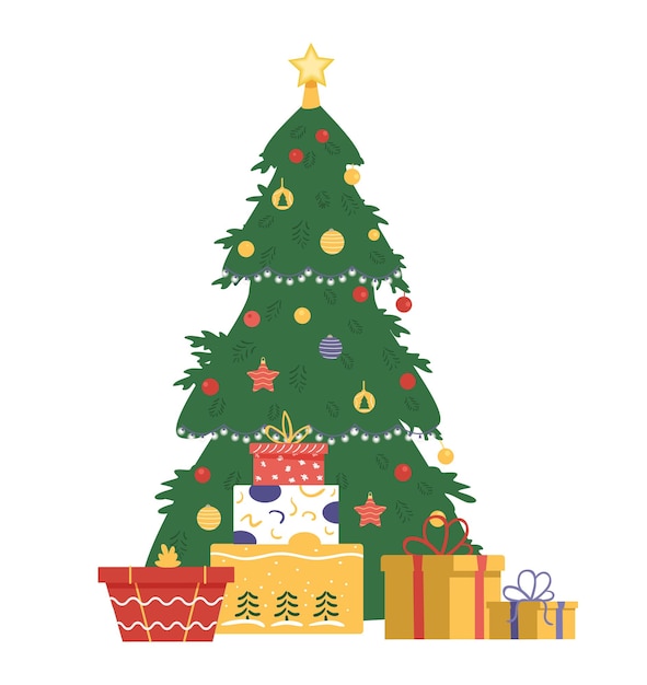 Árbol de Navidad decorado con ilustración de vector plano de cajas de regalo. Aislado en blanco.