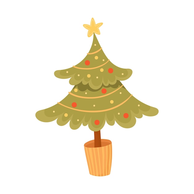 Árbol de Navidad decorado en una olla aislada sobre un fondo blanco Una simple ilustración vectorial sobre el tema del Año Nuevo y los símbolos de Navidad