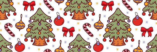 Árbol de Navidad decorado patrón de garabateo árbol de pino globo juguete piruleta arte de clip dibujado a mano