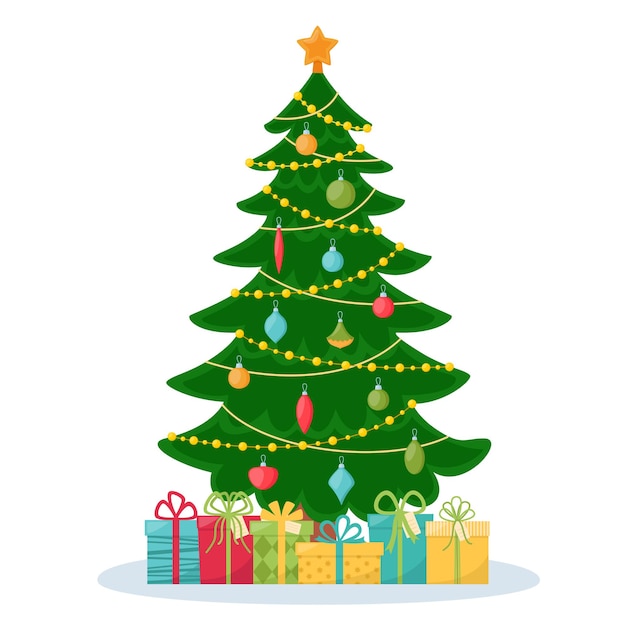 Árbol de Navidad decorado con regalos. Feliz navidad y próspero año nuevo. Ilustración vectorial