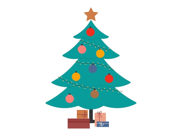Árbol de Navidad decorado con regalos sobre fondo blanco Ilustración vectorial
