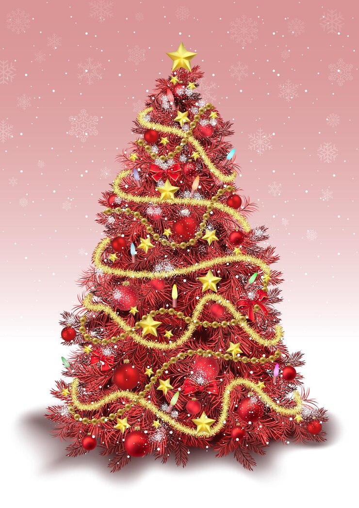 Vector árbol de navidad decorado en tonos de color rojo con fondo de nieve que cae