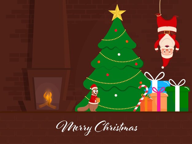 Vector Árbol de navidad decorativo con papá noel de dibujos animados colgado al revés cajas de regalos de ardillas alegres caña de caramelo y chimenea en pared de ladrillo marrón fondo para feliz navidad