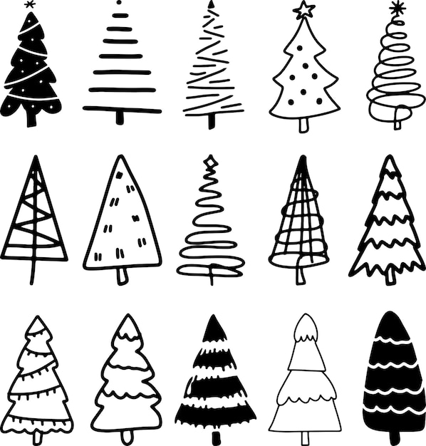 El árbol de Navidad dibuja a mano un conjunto de elementos lindos