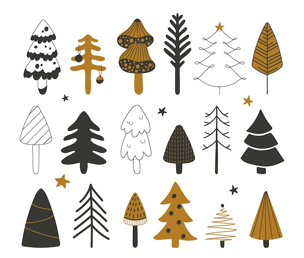 Árbol de Navidad dibujado a mano, abeto, pino, planta forestal, diferentes formas y conjuntos de formas