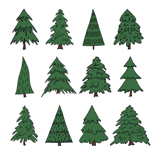 Árbol de Navidad dibujado a mano clipart Spruce doodle set Elemento único para decoración de diseño de impresión de tarjeta