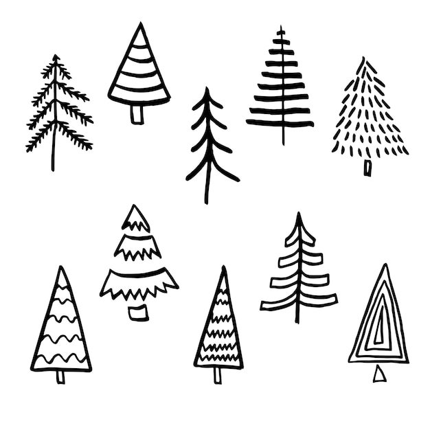 Árbol de navidad dibujado a mano conjunto doodle colección de vectores negros colección de símbolos de estilo lineal