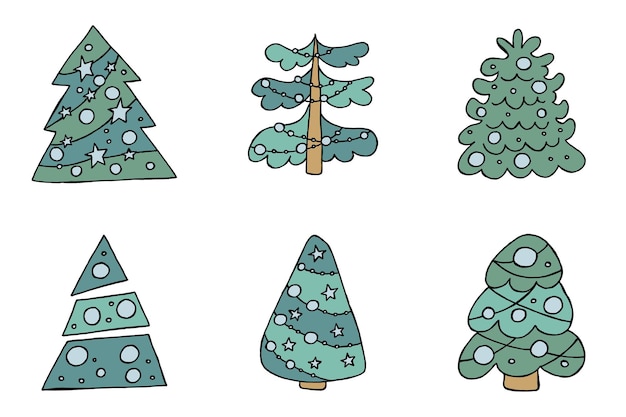 Vector un árbol de navidad dibujado a mano ilustración vectorial en estilo garabato estado de ánimo de invierno hola 2023 feliz navidad y feliz año nuevo árboles verdes con juguetes azules sobre un fondo blanco