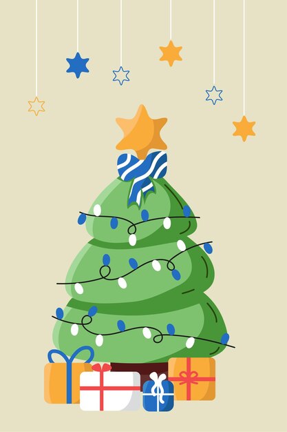 Árbol de Navidad de dibujos animados con guirnaldas y regalos