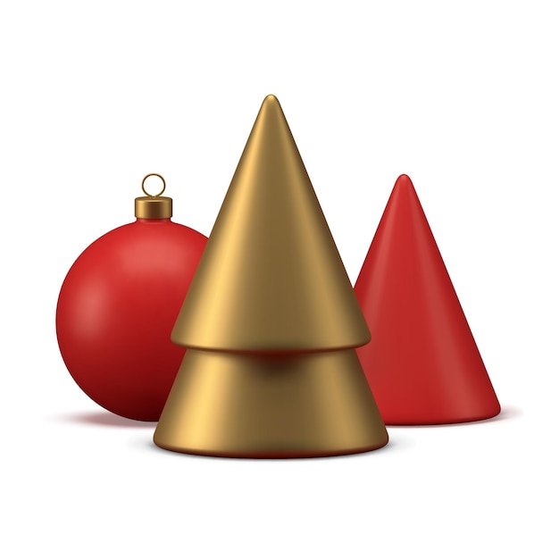 Árbol de Navidad dorado con juguete de bola roja y cono geométrico de abeto icono 3d vector realista
