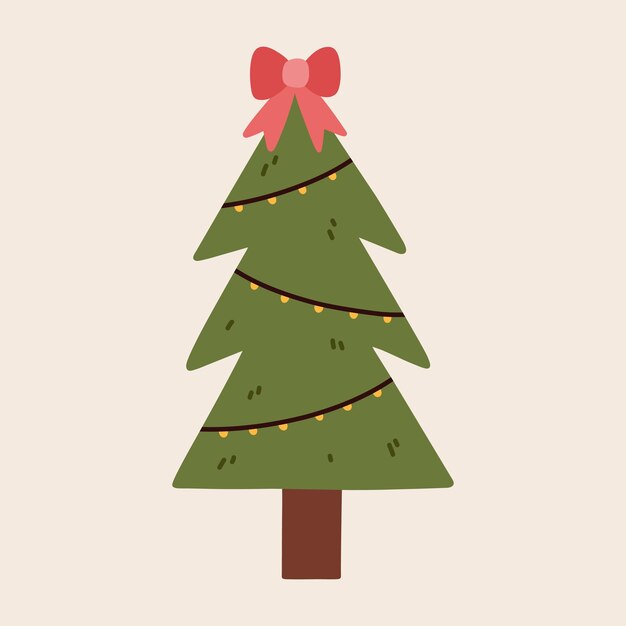 Árbol de Navidad encantador y decorado aislado sobre un fondo blanco Ilustración plana dibujada a mano por vector