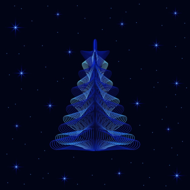 El árbol de navidad es moderno, suave, inusual, hermoso, simétrico sobre un fondo oscuro con estrellas