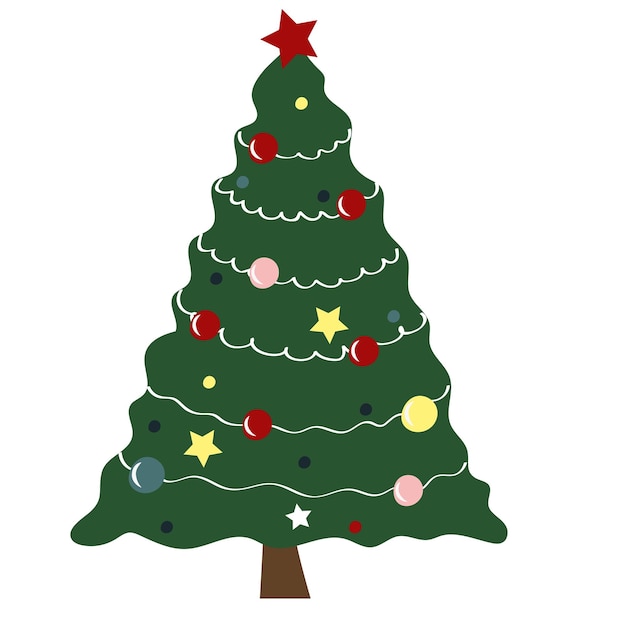 Árbol de Navidad esponjoso con estrella y decoración ilustración vectorial aislada