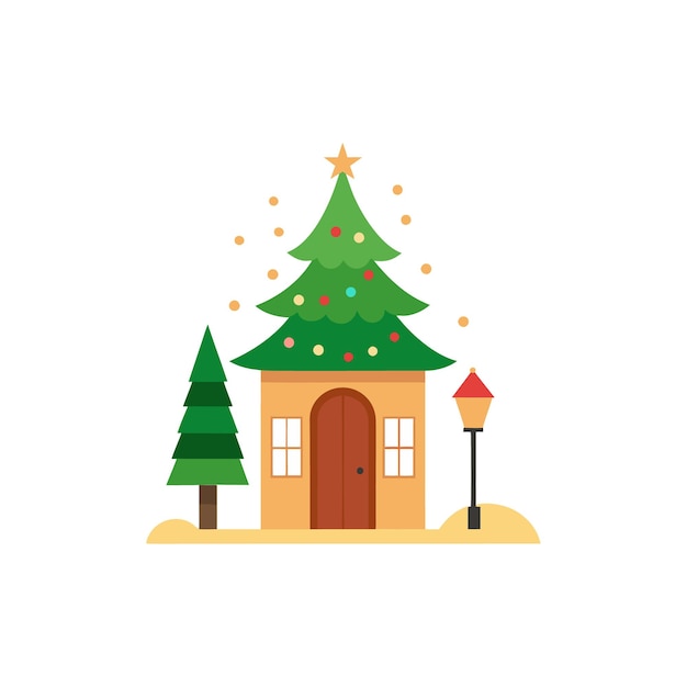 un árbol de Navidad está delante de una casa