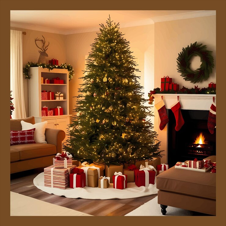 Vector un árbol de navidad está en una sala de estar con regalos a su alrededor