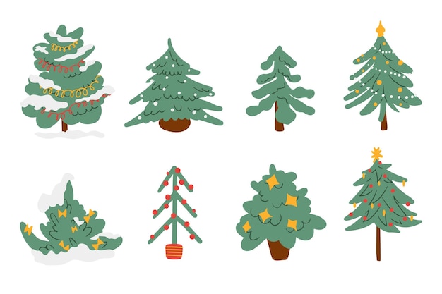 Árbol de Navidad establecido en fondo blanco Abetos de Navidad con decoración navideña Ilustración vectorial plana colorida