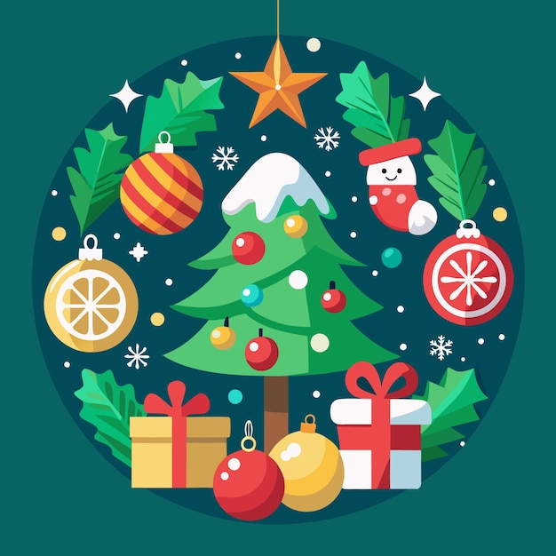 Un árbol de Navidad estilizado con adornos regalos y una estrella en la parte superior dentro de un círculo